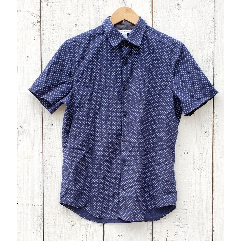 Calvin Klein Men's S/P/Ch Blue w Geometric Shapes Short Sleeve Dress Shirt NEW